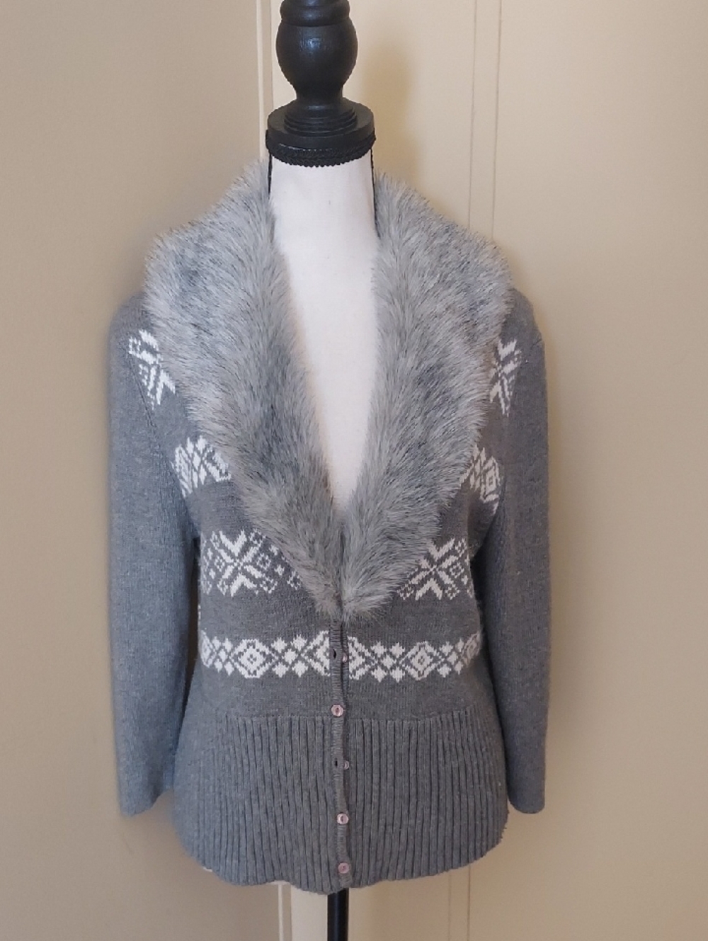 Frost  Gray Nordic Knit Cardigan Sweater With Fur Trim